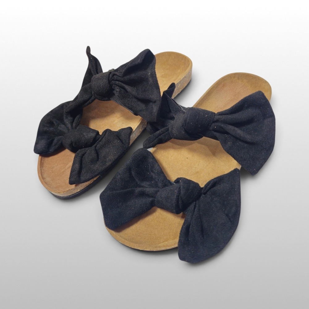 Coquette Double Bow Black Slide Sandals Cork Footbed Size 6.5 Summer Slip Womens